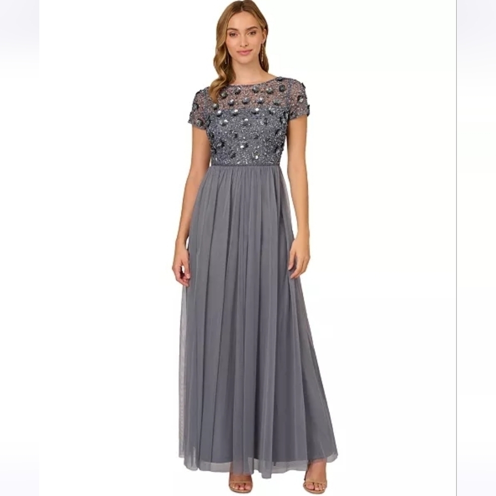 NWT Adrianna Papell Floral Beaded Top w/Tulle Chiffon Gown in Dusty Blue Size 6